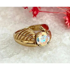 Vintage Sterling Silver Vermeil Gold Tone Iridescent Striped Art Deco Ring  Sz 8